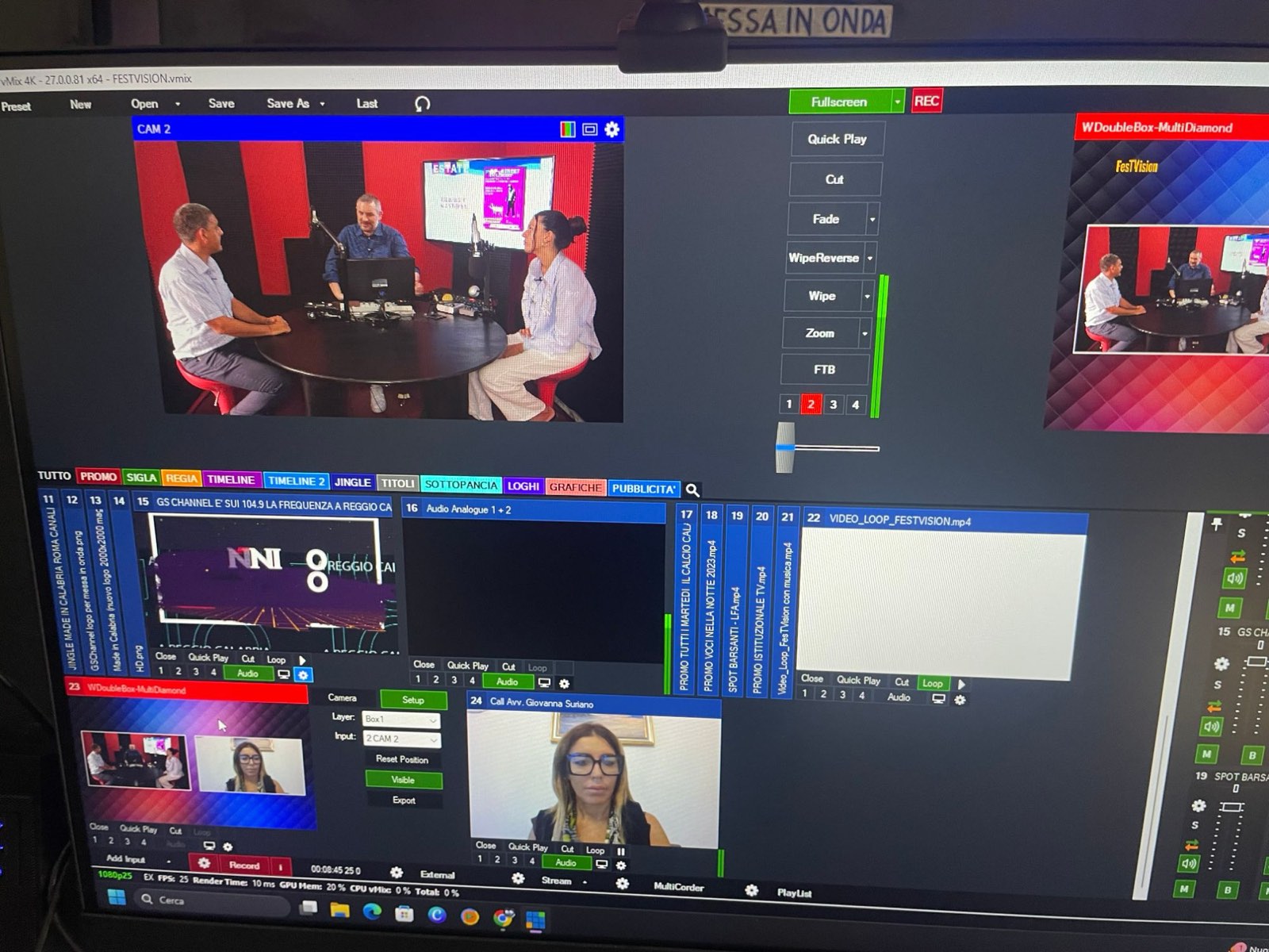 La regia vMix 4K durante la messa in onda